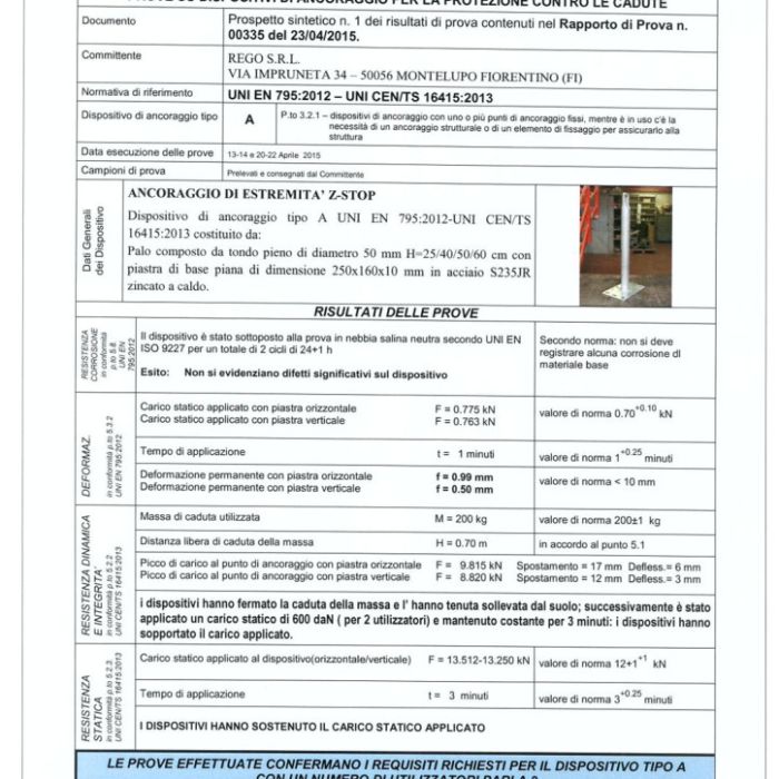 dichiarazione di conformità dei dispositivi anticaduta dall'alto